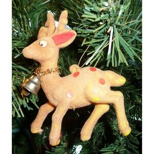 Vintage Flocked Blow Mold Reindeer wearing Bell Googly Eyes Deer Ornament